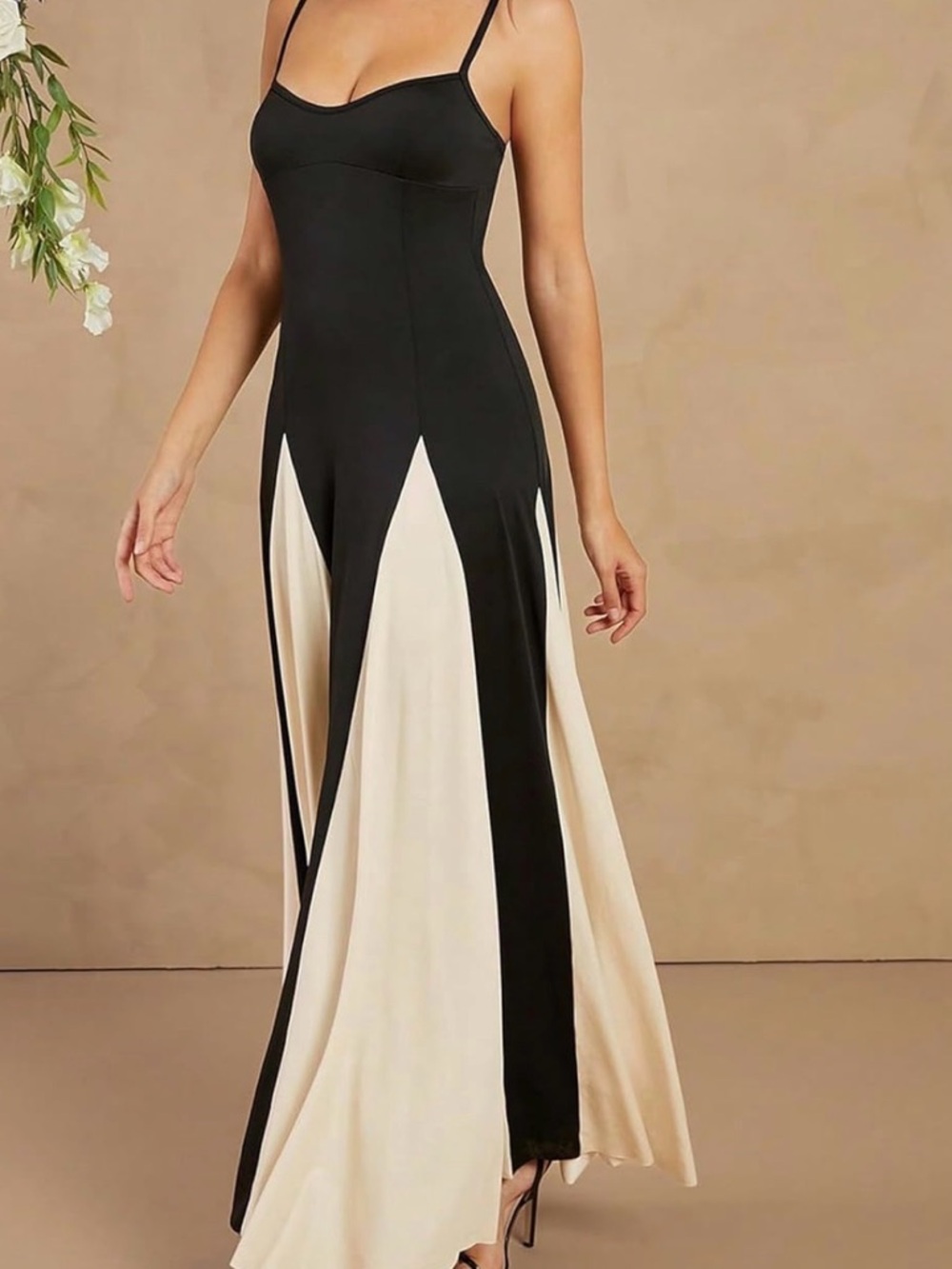 Black & Cream Spaghetti-Strap Maxi Dress